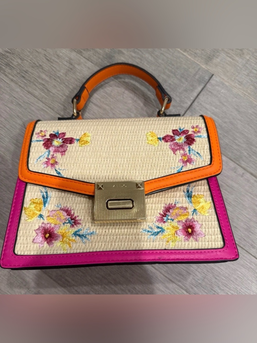 Aldo Floral Embroidered Top-Handle Bag in Cream, Orange & Pink